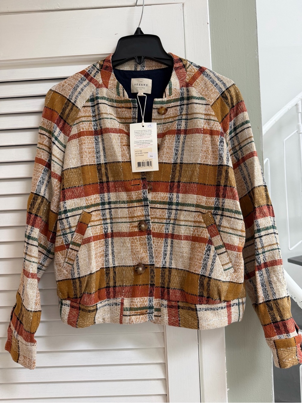 Sezane Plaid Bomber Jacket in Cream, Brown & Rust